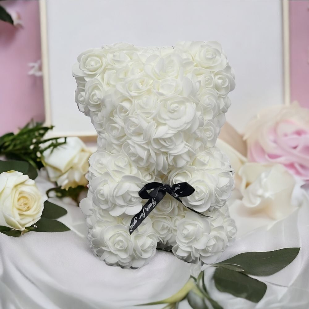 White Rose Bear Wedding Gift Minimalist Decor Elegant Romantic Bridal Keepsake